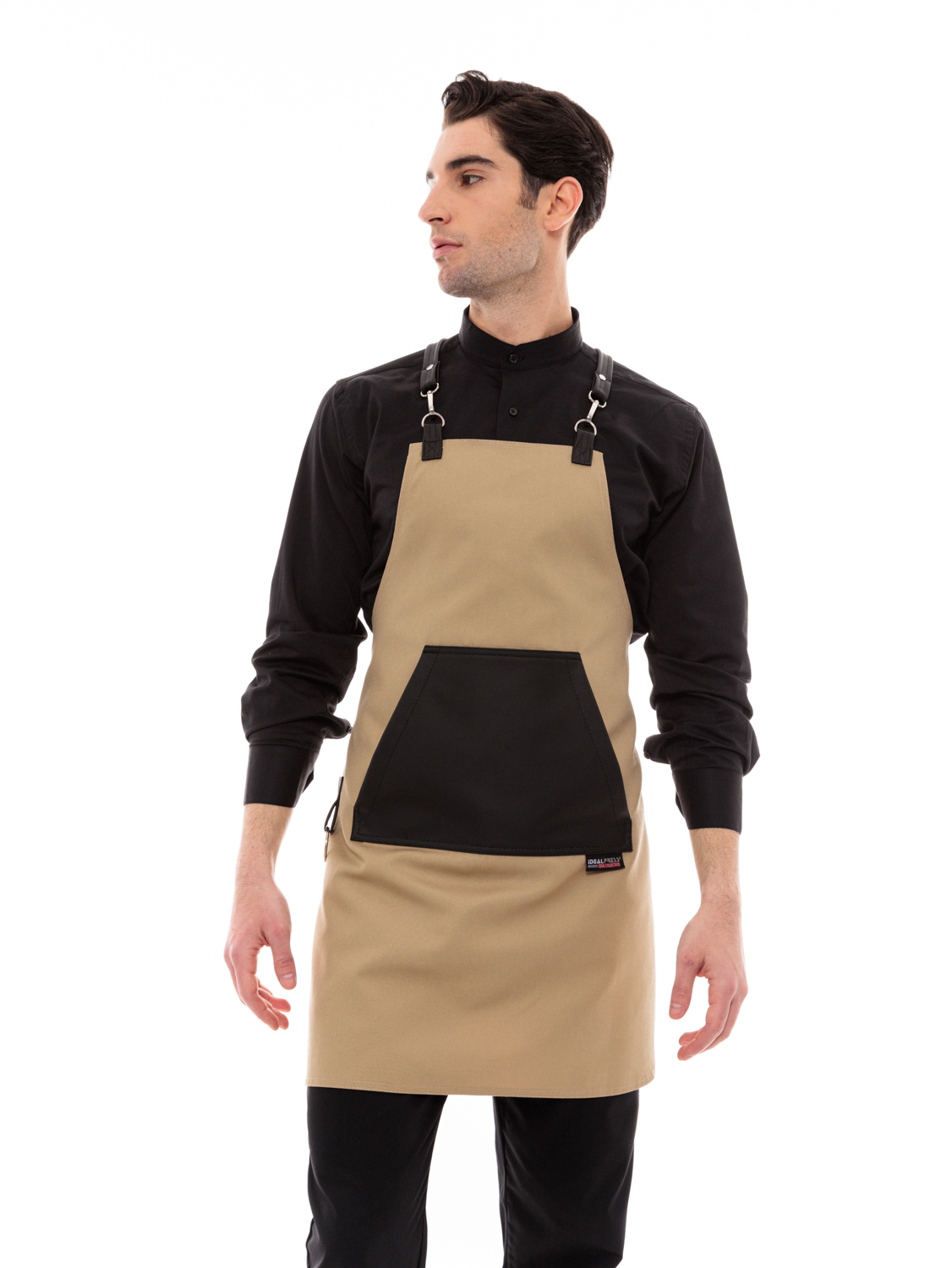 Μπεζ Ποδιά Unisex Barista Στηθούρι - Από Καμβά Ύφασμα & Μαύρη Μάρσιπο Vegan Leather Τσέπη