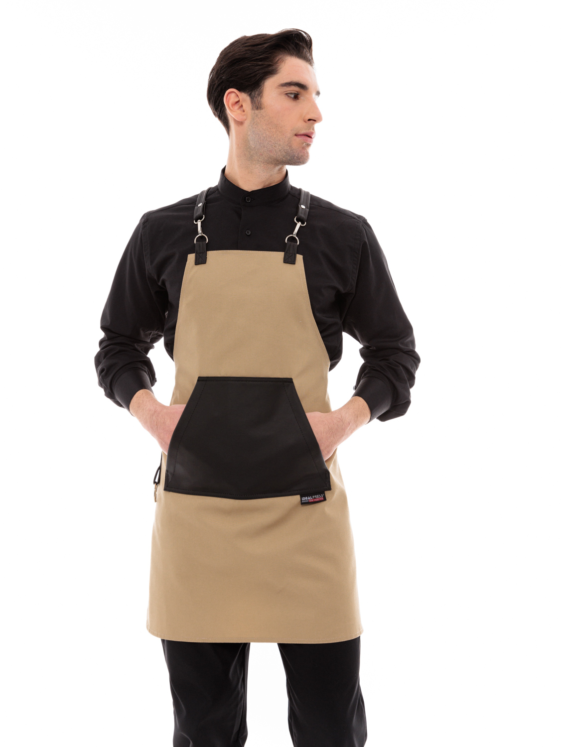 Μπεζ Ποδιά Unisex Barista Στηθούρι - Από Καμβά Ύφασμα & Μαύρη Μάρσιπο Vegan Leather Τσέπη