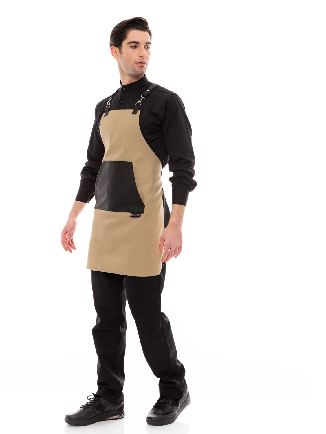 Μπεζ Ποδιά Unisex Barista Στηθούρι - Από Καμβά Ύφασμα & Μαύρη Μάρσιπο Vegan Leather Τσέπη