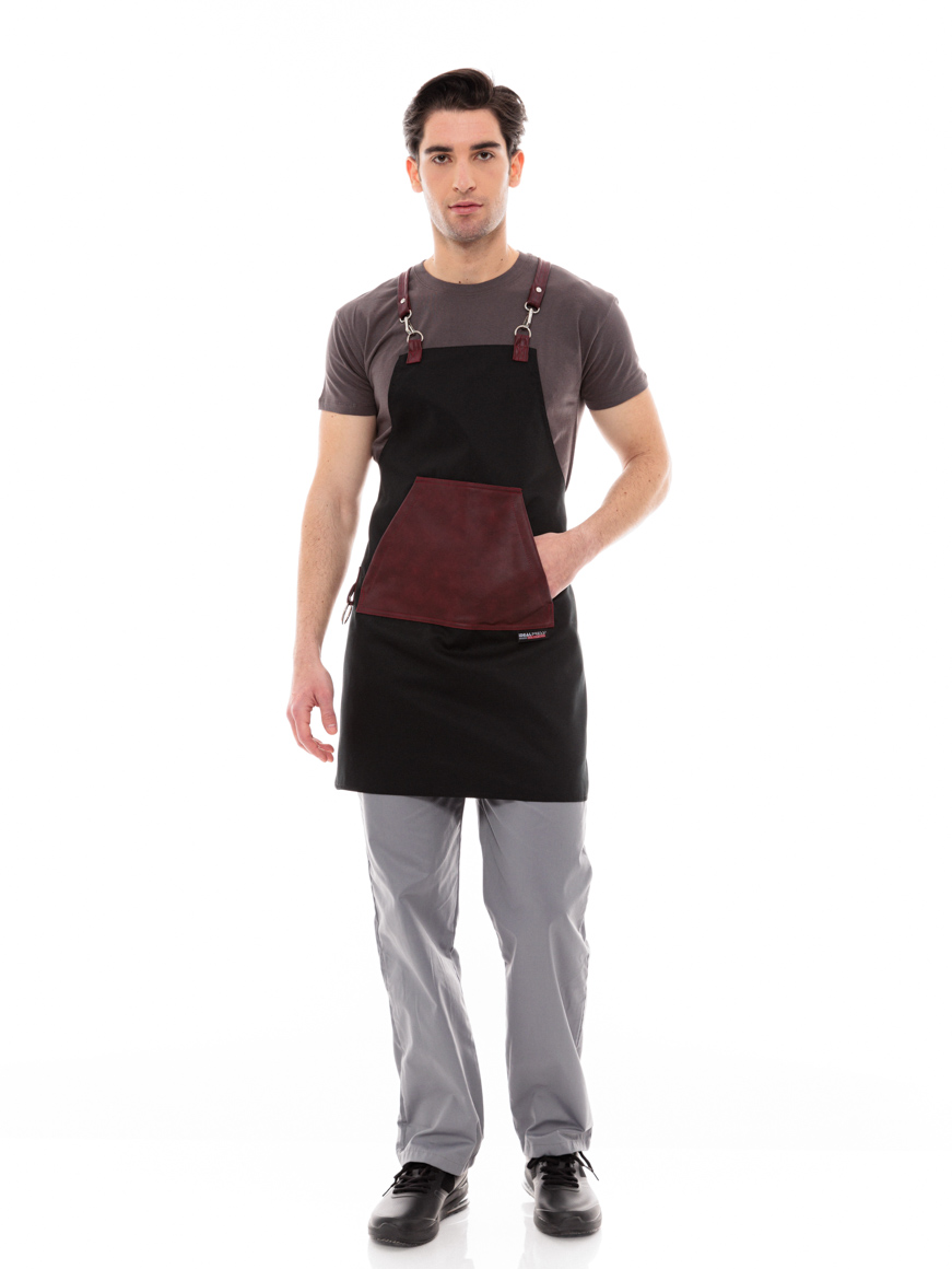 Μαύρη Ποδιά Unisex Barista Στηθούρι - Από Καμβά Ύφασμα & Μπορντό Μάρσιπο Vegan Leather Τσέπη