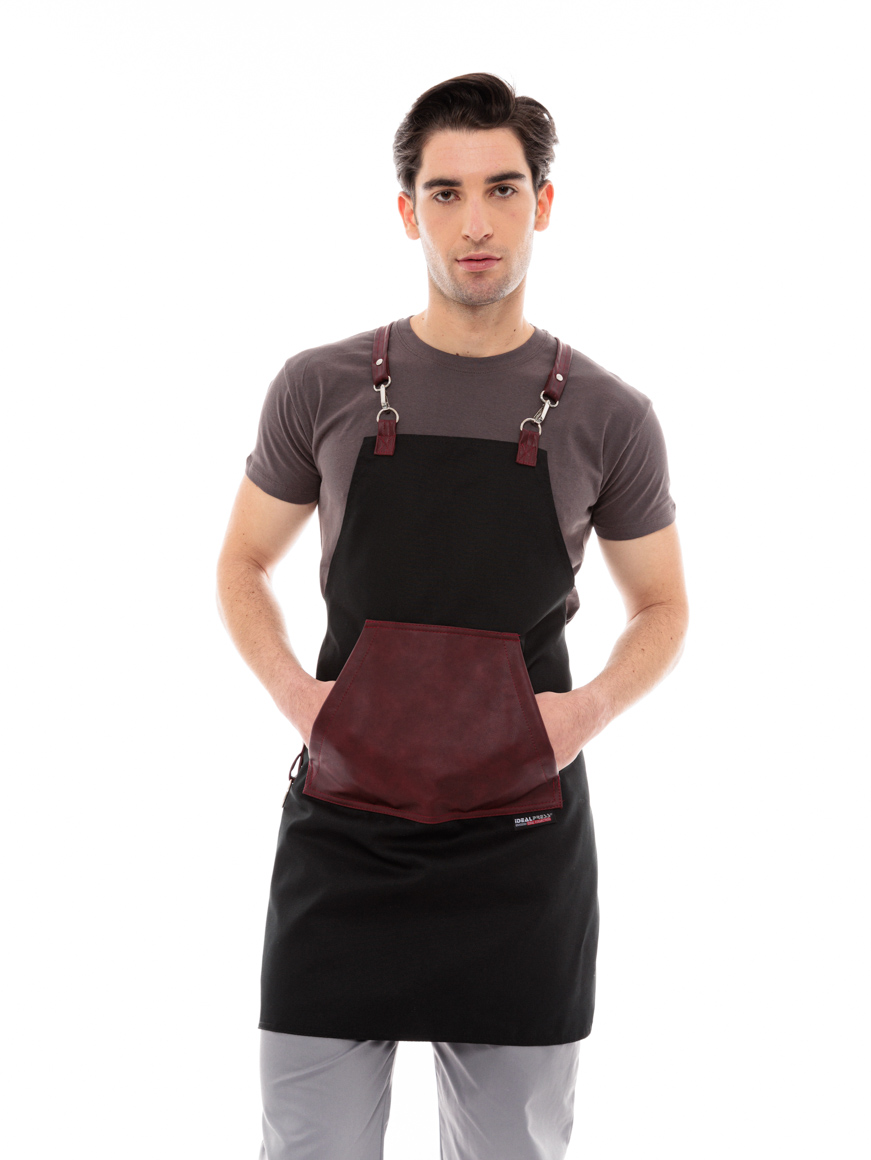 Μαύρη Ποδιά Unisex Barista Στηθούρι - Από Καμβά Ύφασμα & Μπορντό Μάρσιπο Vegan Leather Τσέπη