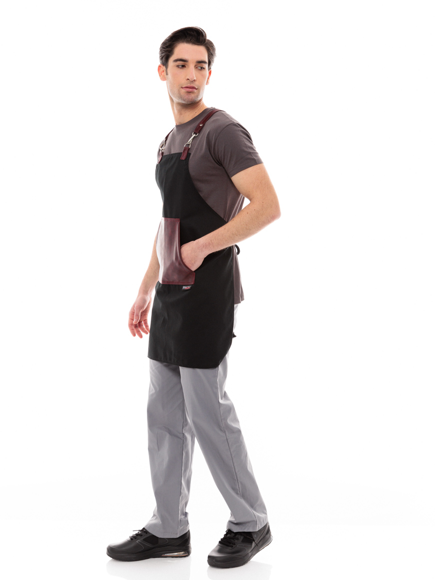 Μαύρη Ποδιά Unisex Barista Στηθούρι - Από Καμβά Ύφασμα & Μπορντό Μάρσιπο Vegan Leather Τσέπη