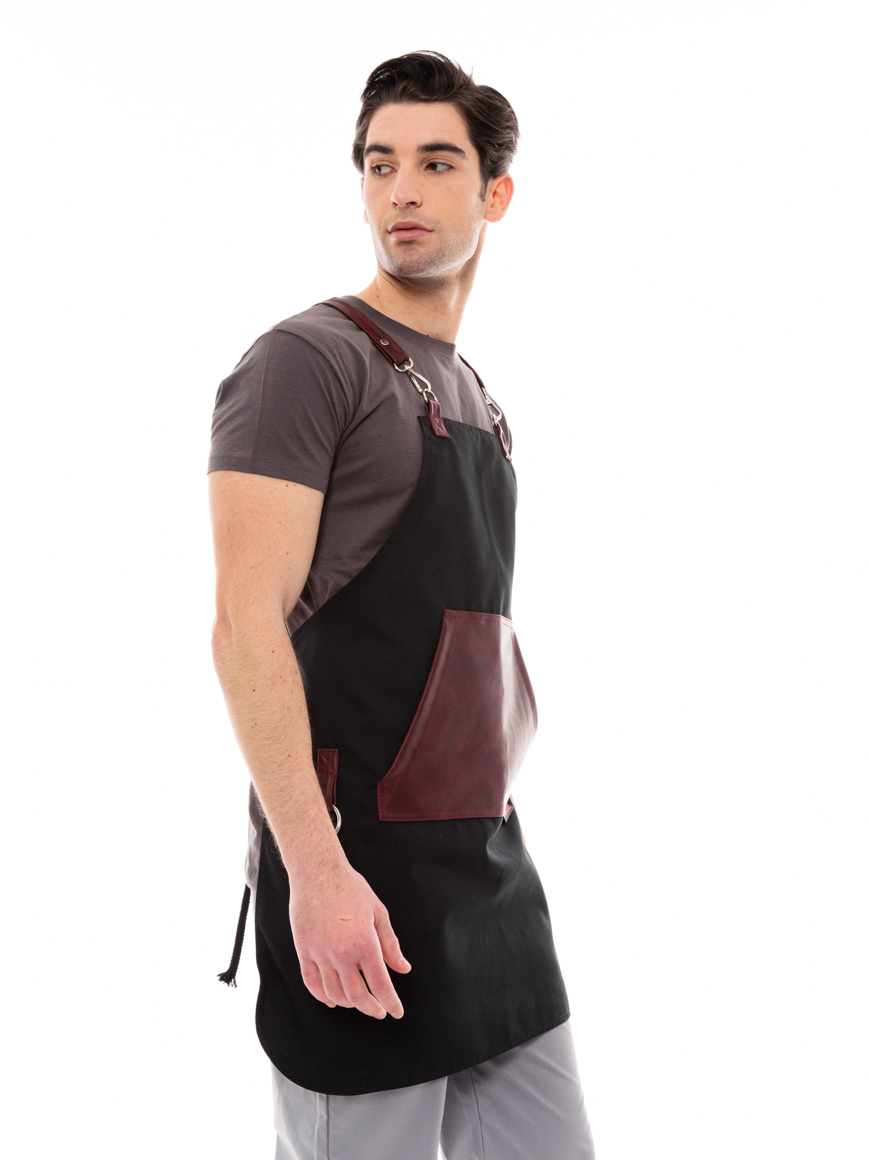 Μαύρη Ποδιά Unisex Barista Στηθούρι - Από Καμβά Ύφασμα & Μπορντό Μάρσιπο Vegan Leather Τσέπη