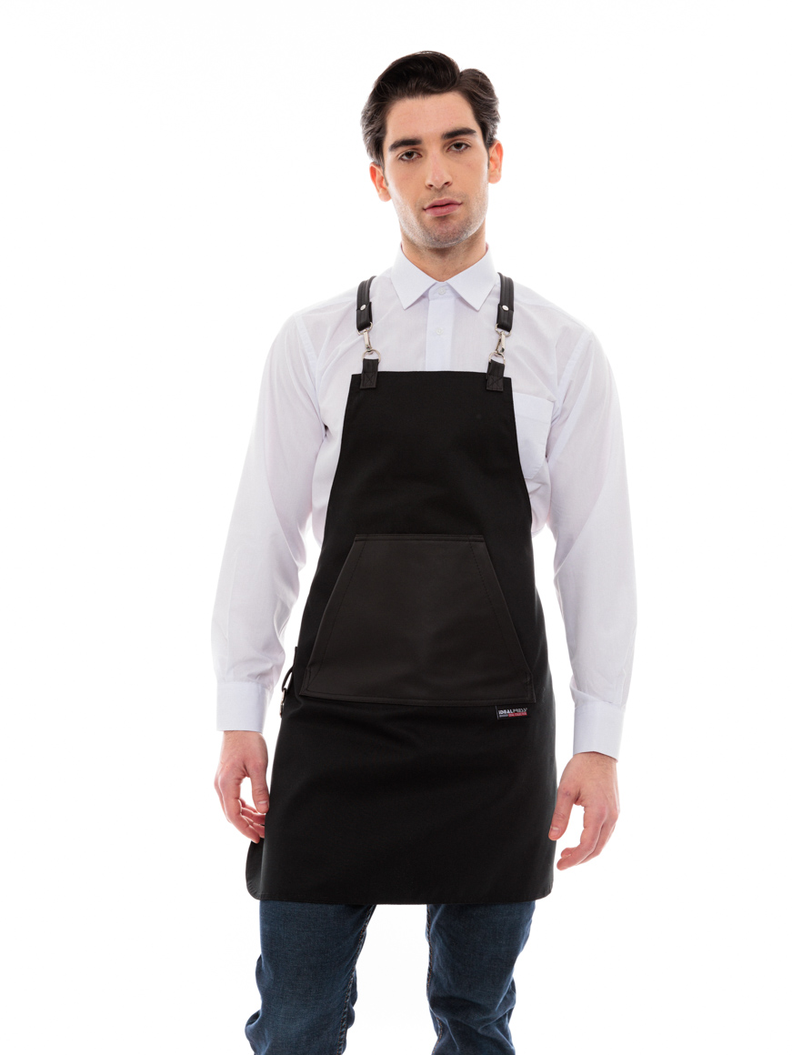 Μαύρη Ποδιά Unisex Barista Στηθούρι - Από Καμβά Ύφασμα & Μαύρη Μάρσιπο Vegan Leather Τσέπη