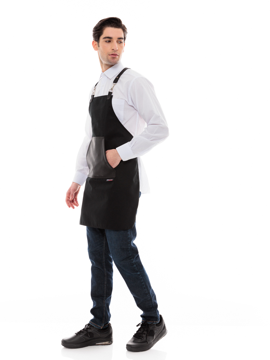 Μαύρη Ποδιά Unisex Barista Στηθούρι - Από Καμβά Ύφασμα & Μαύρη Μάρσιπο Vegan Leather Τσέπη