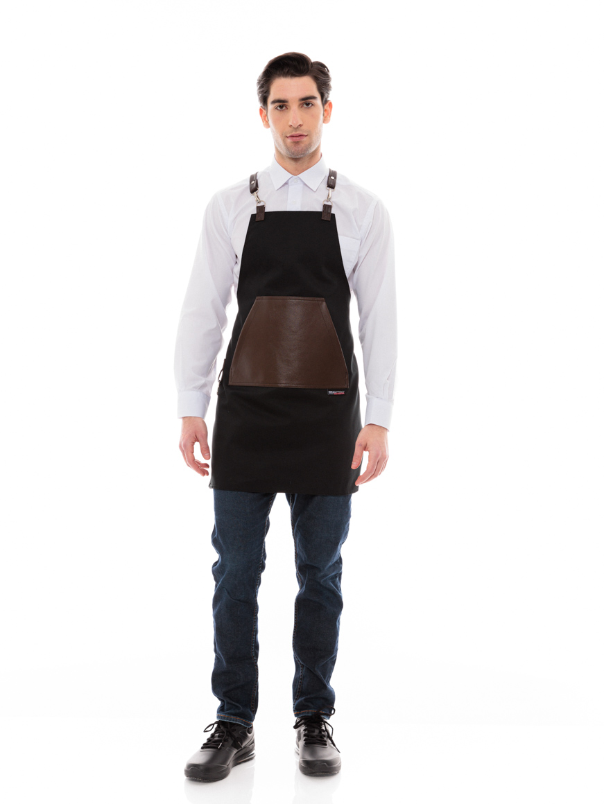 Μαύρη Ποδιά Unisex Barista Στηθούρι - Από Καμβά Ύφασμα & Καφέ Μάρσιπο Vegan Leather Τσέπη