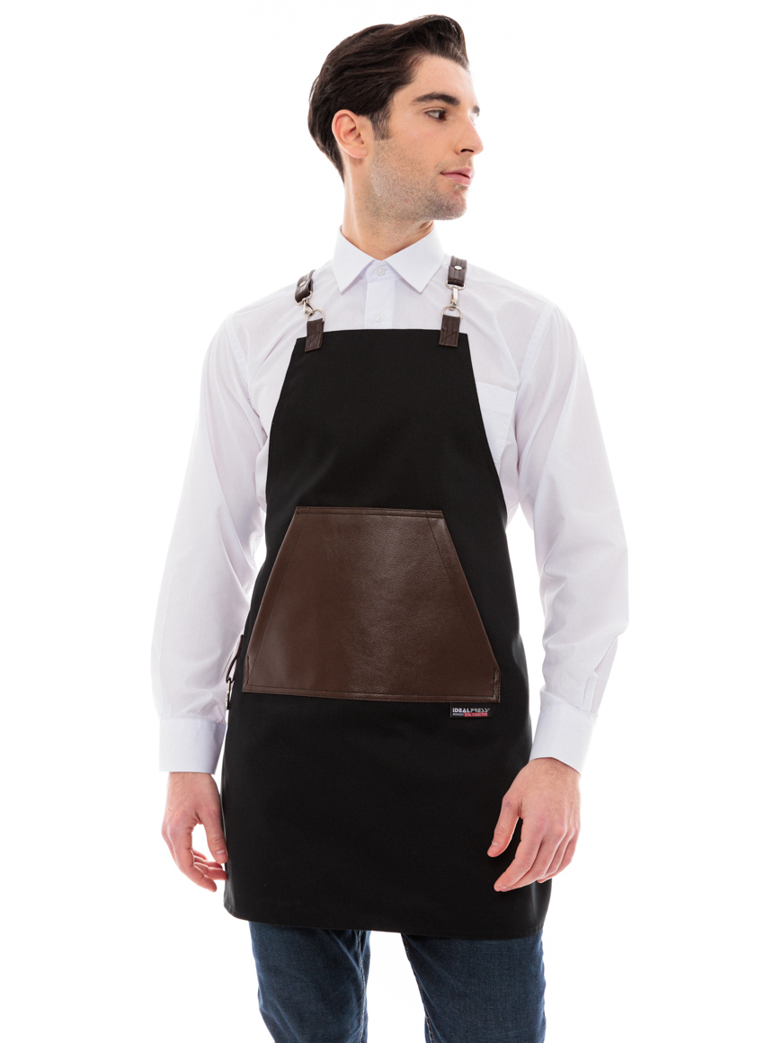 Μαύρη Ποδιά Unisex Barista Στηθούρι - Από Καμβά Ύφασμα & Καφέ Μάρσιπο Vegan Leather Τσέπη