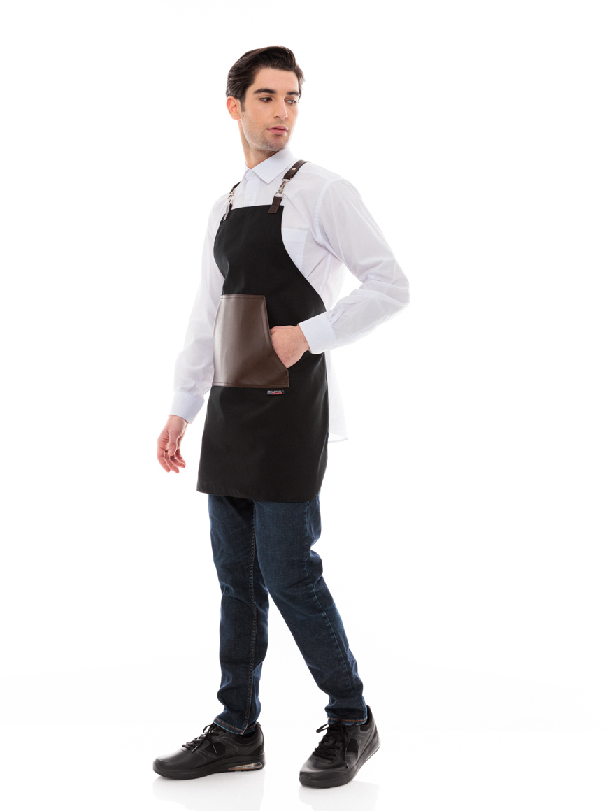 Μαύρη Ποδιά Unisex Barista Στηθούρι - Από Καμβά Ύφασμα & Καφέ Μάρσιπο Vegan Leather Τσέπη