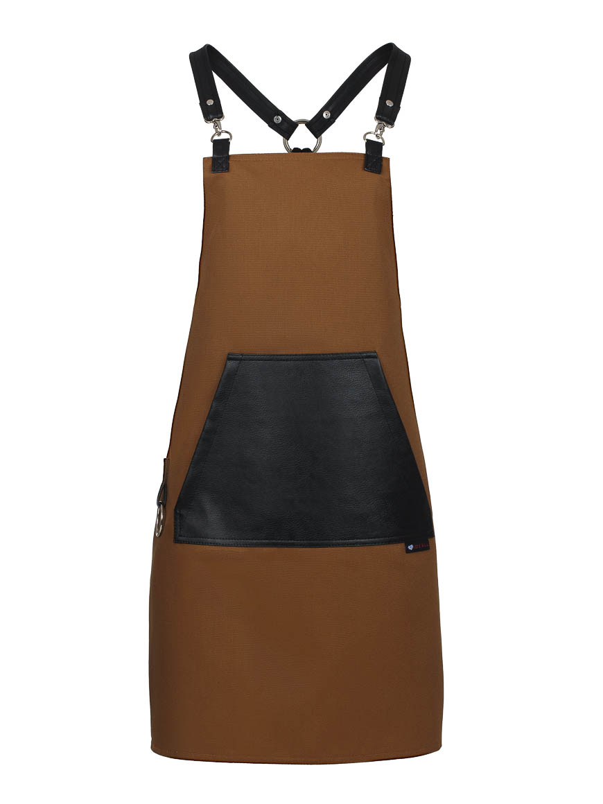 Κάμελ Ποδιά Unisex Barista Στηθούρι - Από Καμβά Ύφασμα & Μαύρη Μάρσιπο Vegan Leather Τσέπη