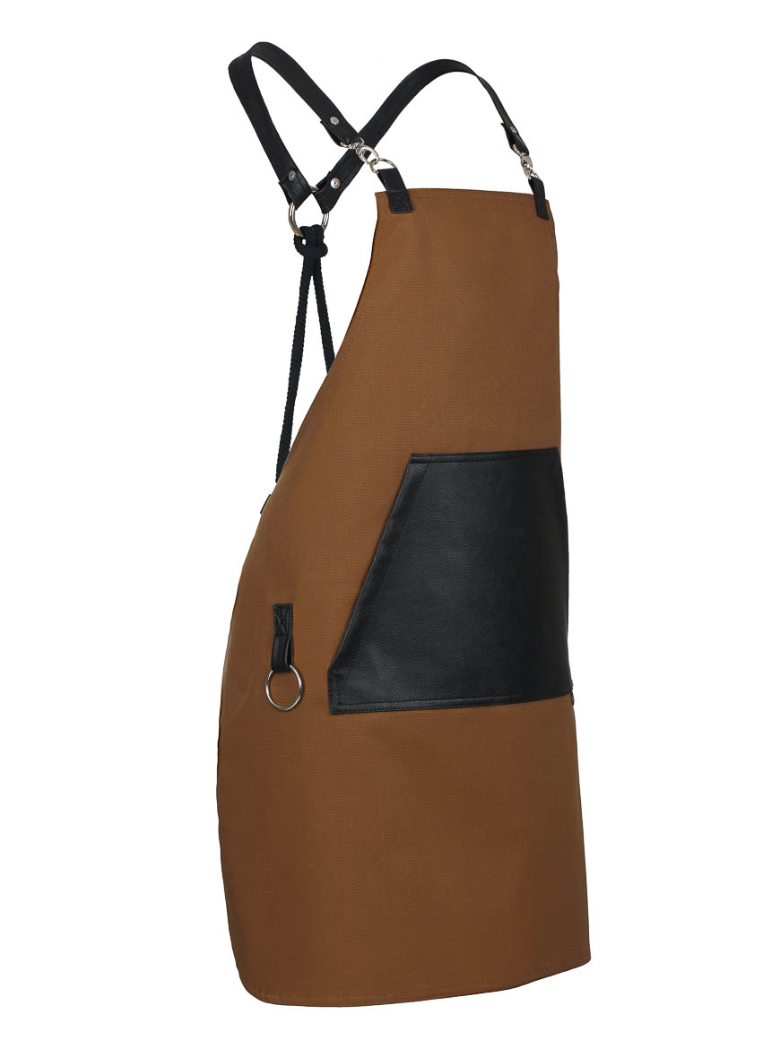 Κάμελ Ποδιά Unisex Barista Στηθούρι - Από Καμβά Ύφασμα & Μαύρη Μάρσιπο Vegan Leather Τσέπη