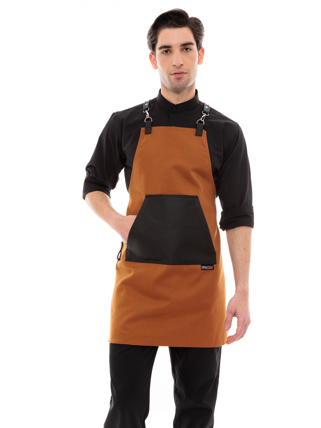 Κάμελ Ποδιά Unisex Barista Στηθούρι - Από Καμβά Ύφασμα & Μαύρη Μάρσιπο Vegan Leather Τσέπη