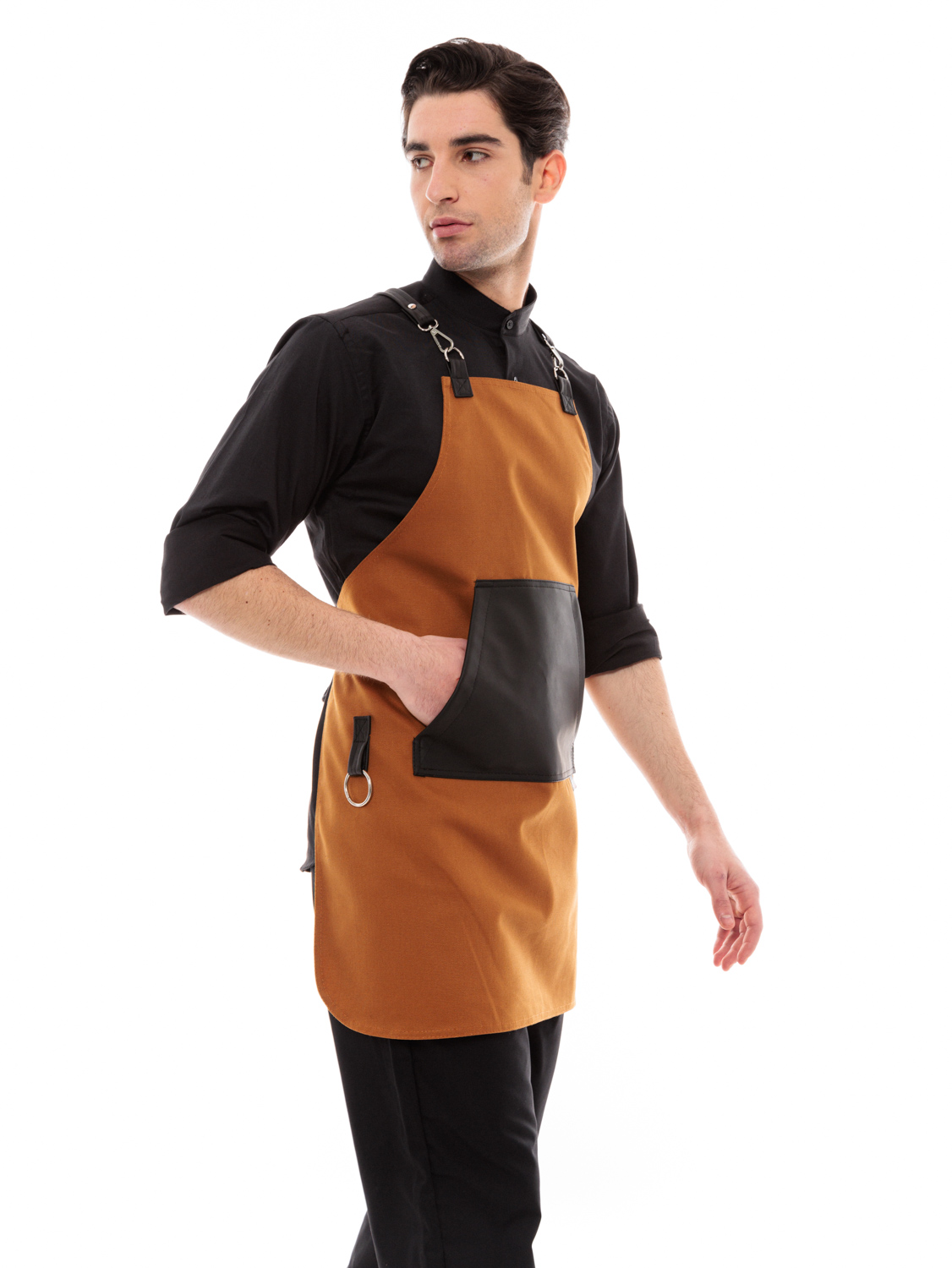 Κάμελ Ποδιά Unisex Barista Στηθούρι - Από Καμβά Ύφασμα & Μαύρη Μάρσιπο Vegan Leather Τσέπη