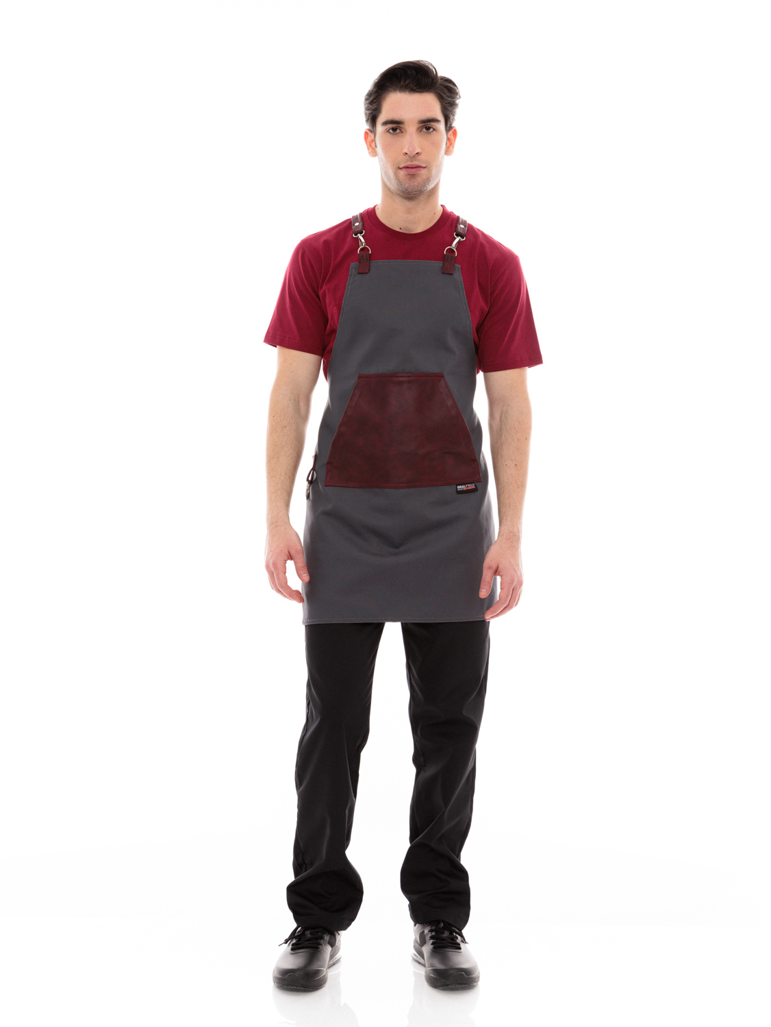 Γκρι Ποδιά Unisex Barista Στηθούρι - Από Καμβά Ύφασμα & Μπορντό Μάρσιπο Vegan Leather Τσέπη