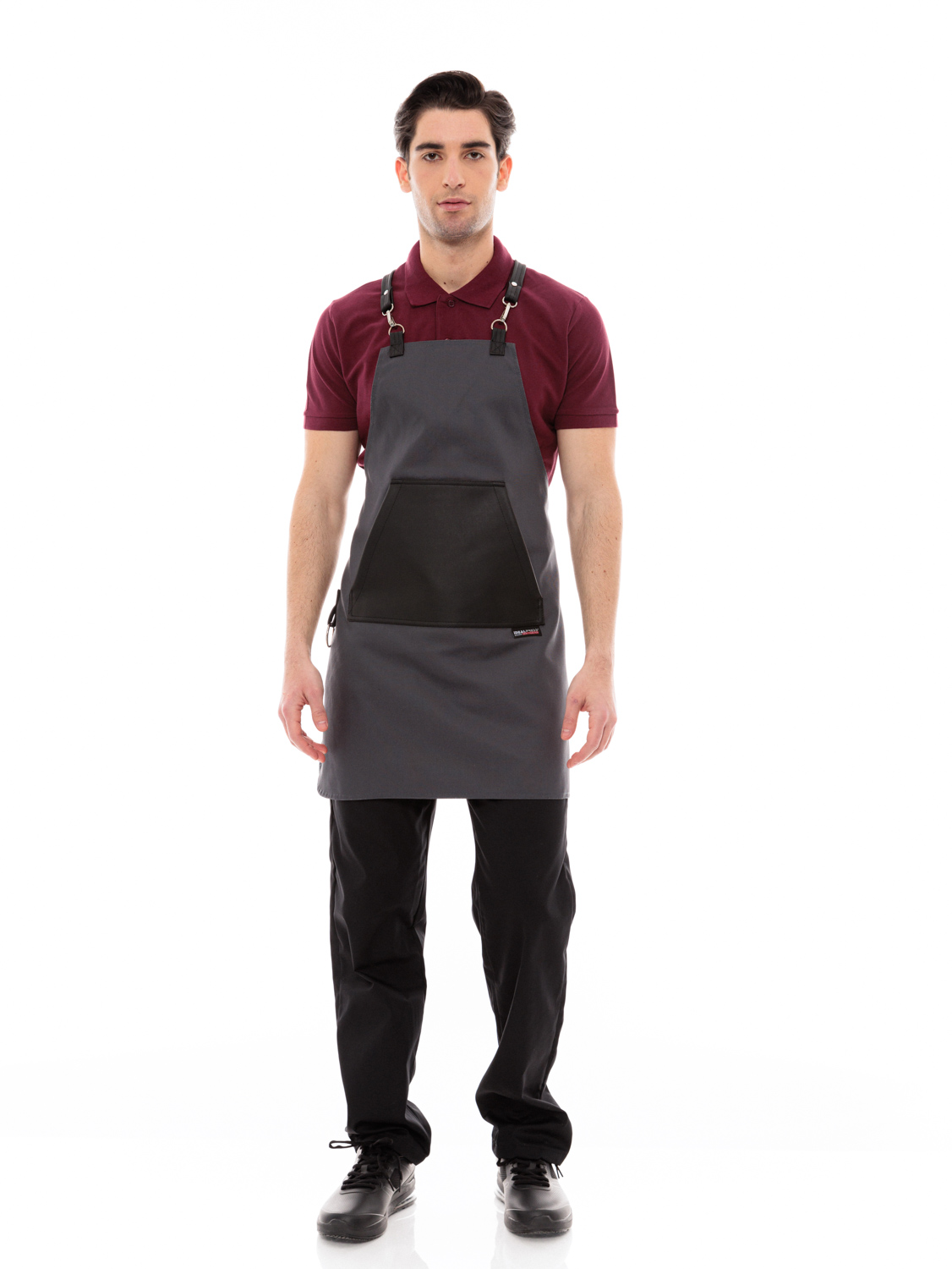 Γκρι Ποδιά Unisex Barista Στηθούρι - Από Καμβά Ύφασμα & Μαύρη Μάρσιπο Vegan Leather Τσέπη