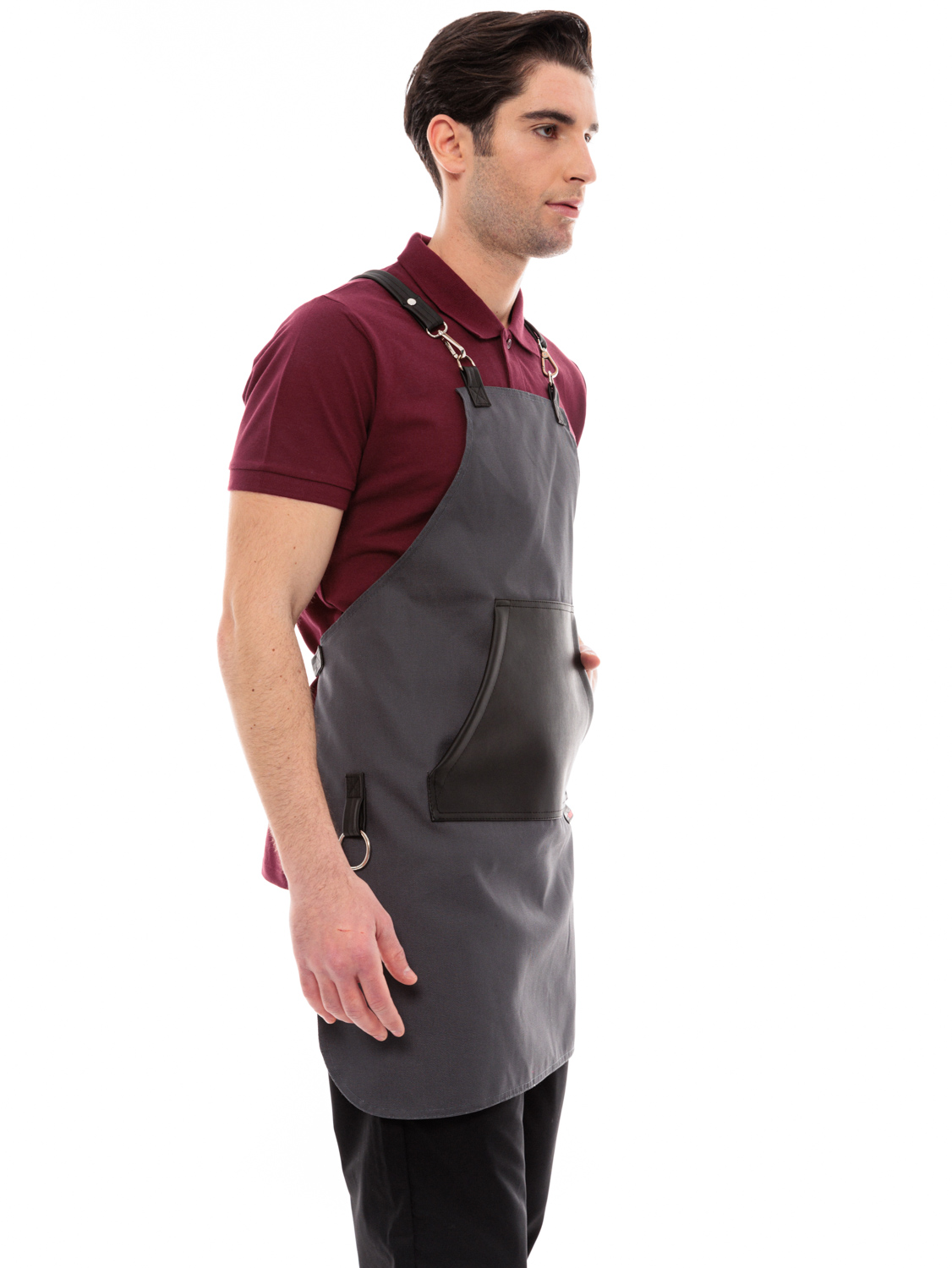 Γκρι Ποδιά Unisex Barista Στηθούρι - Από Καμβά Ύφασμα & Μαύρη Μάρσιπο Vegan Leather Τσέπη