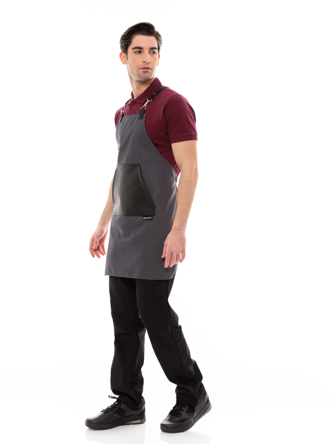 Γκρι Ποδιά Unisex Barista Στηθούρι - Από Καμβά Ύφασμα & Μαύρη Μάρσιπο Vegan Leather Τσέπη