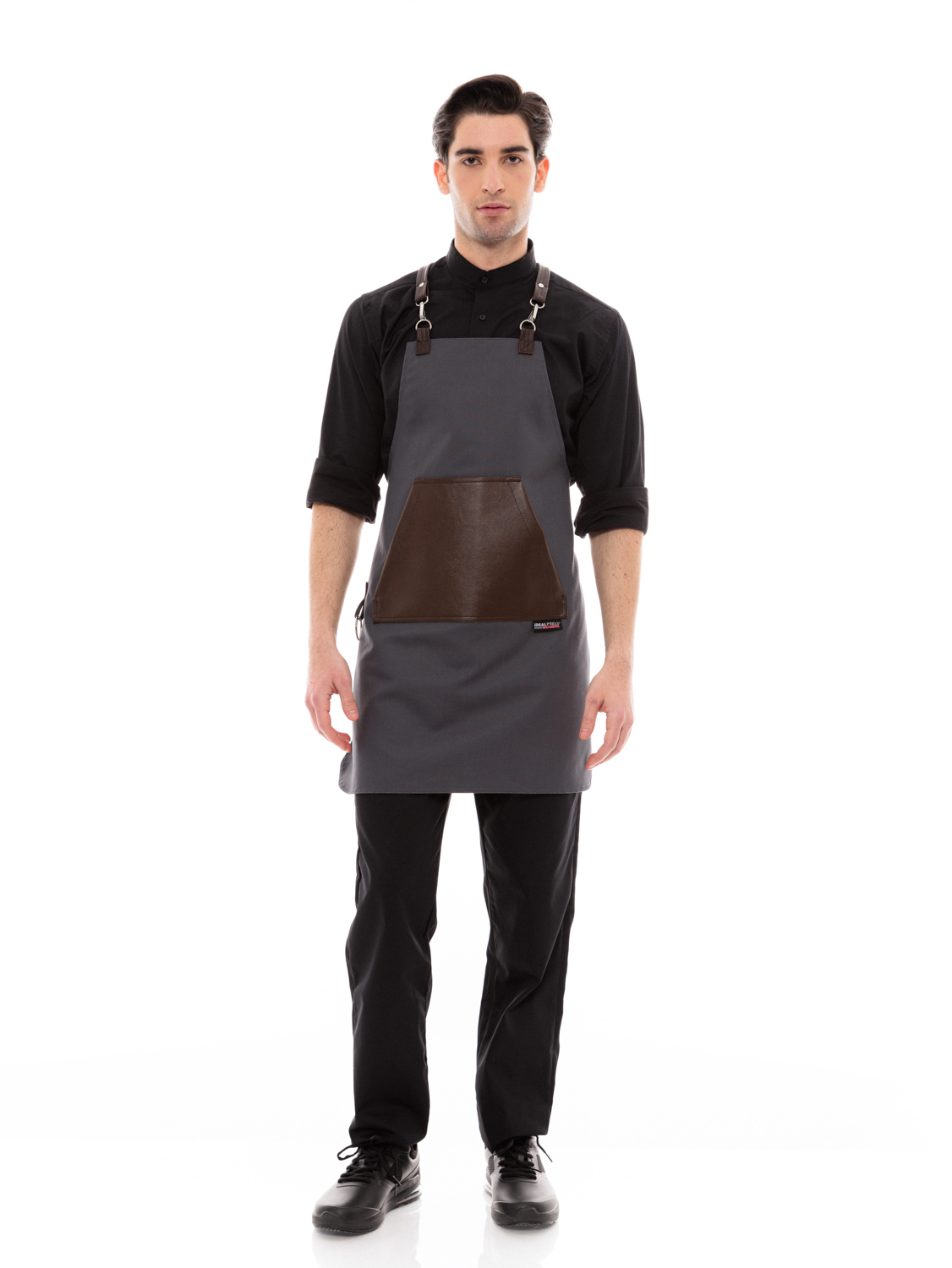 Γκρι Ποδιά Unisex Barista Στηθούρι - Από Καμβά Ύφασμα & Καφέ Μάρσιπο Vegan Leather Τσέπη