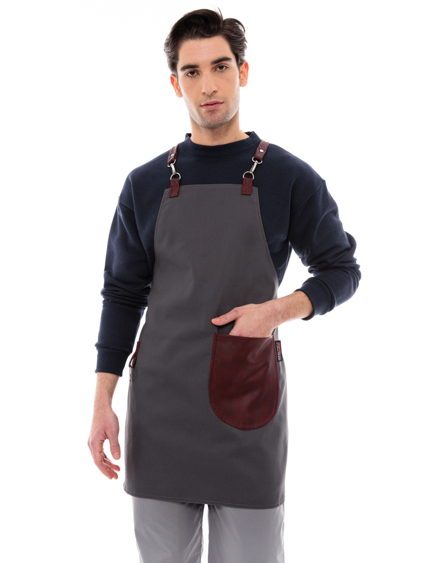 Γκρι Ποδιά Unisex Barista Στηθούρι - Από Καμβά Ύφασμα & Μπορντό Στρογγυλή Vegan Leather Τσέπη