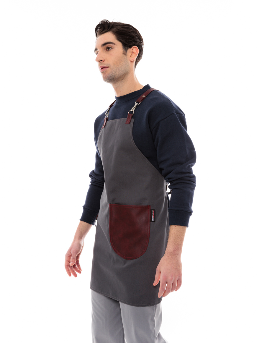 Γκρι Ποδιά Unisex Barista Στηθούρι - Από Καμβά Ύφασμα & Μπορντό Στρογγυλή Vegan Leather Τσέπη
