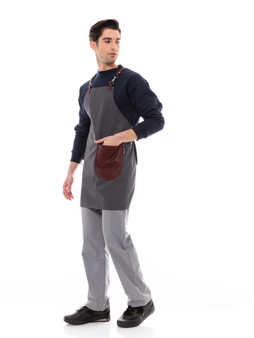 Γκρι Ποδιά Unisex Barista Στηθούρι - Από Καμβά Ύφασμα & Μπορντό Στρογγυλή Vegan Leather Τσέπη