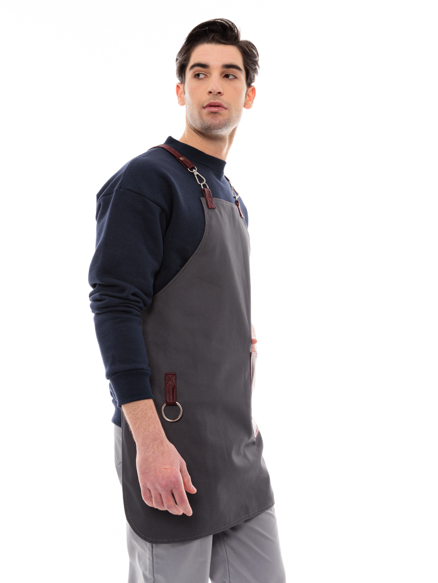 Γκρι Ποδιά Unisex Barista Στηθούρι - Από Καμβά Ύφασμα & Μπορντό Στρογγυλή Vegan Leather Τσέπη