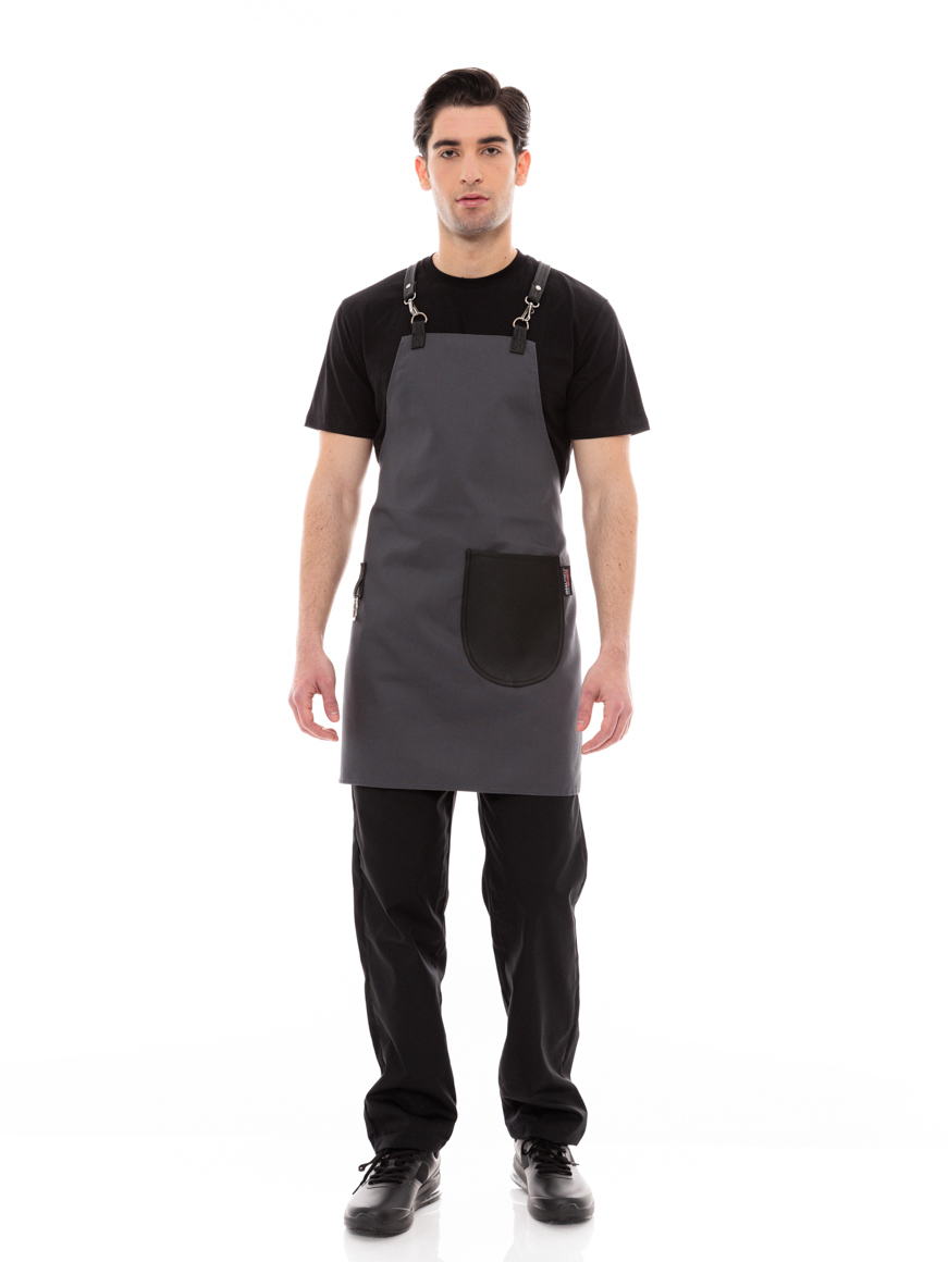 Γκρι Ποδιά Unisex Barista Στηθούρι - Από Καμβά Ύφασμα & Μαύρη Στρογγυλή Vegan Leather Τσέπη