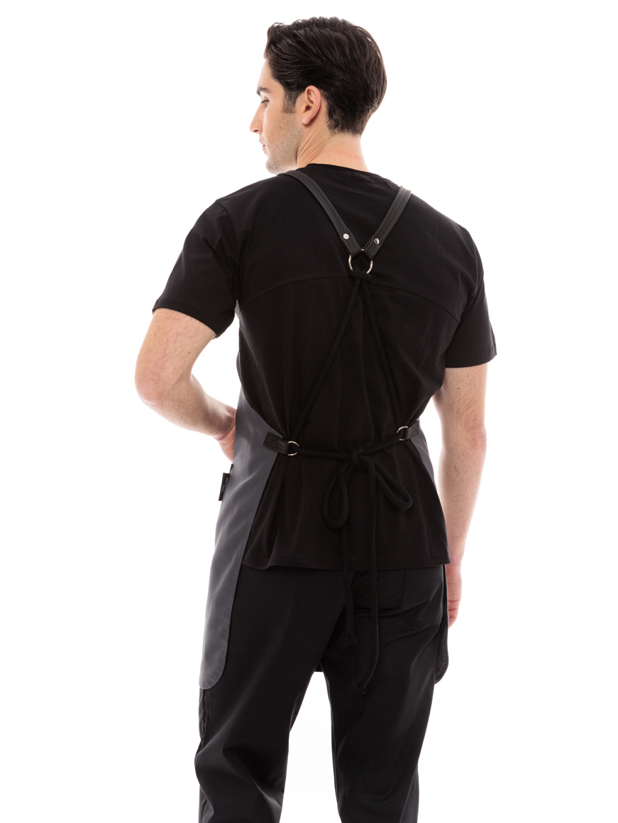 Γκρι Ποδιά Unisex Barista Στηθούρι - Από Καμβά Ύφασμα & Μαύρη Στρογγυλή Vegan Leather Τσέπη