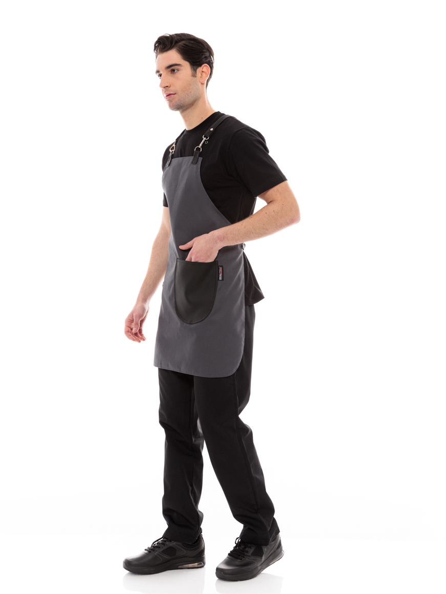 Γκρι Ποδιά Unisex Barista Στηθούρι - Από Καμβά Ύφασμα & Μαύρη Στρογγυλή Vegan Leather Τσέπη