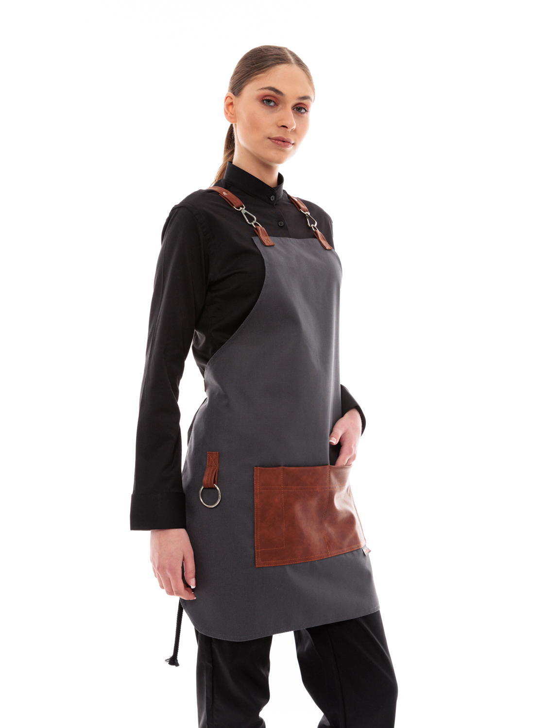 Γκρι Ποδιά Unisex Barista Στηθούρι - Από Καμβά Ύφασμα & Ταμπά Τετράγωνη Vegan Leather Τσέπη
