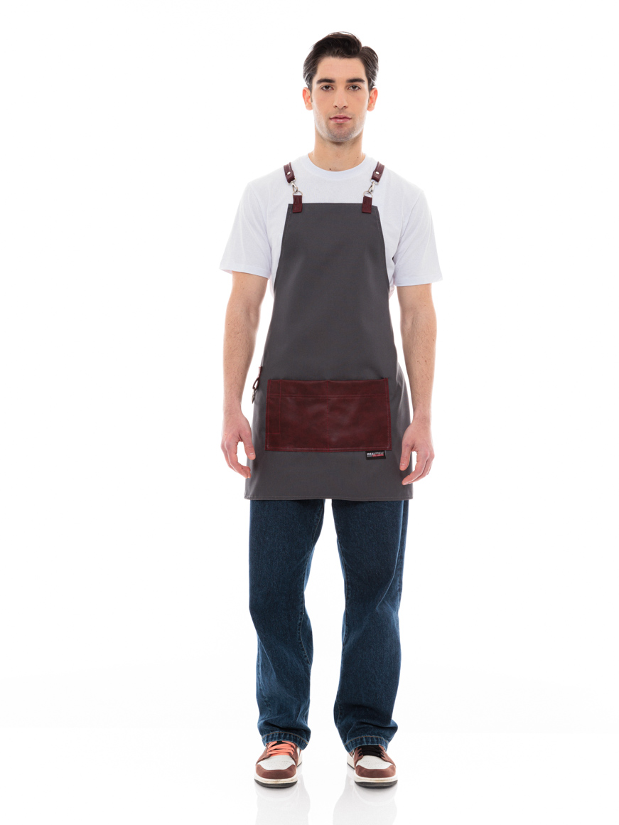 Γκρι Ποδιά Unisex Barista Στηθούρι - Από Καμβά Ύφασμα & Μπορντό Τετράγωνη Vegan Leather Τσέπη