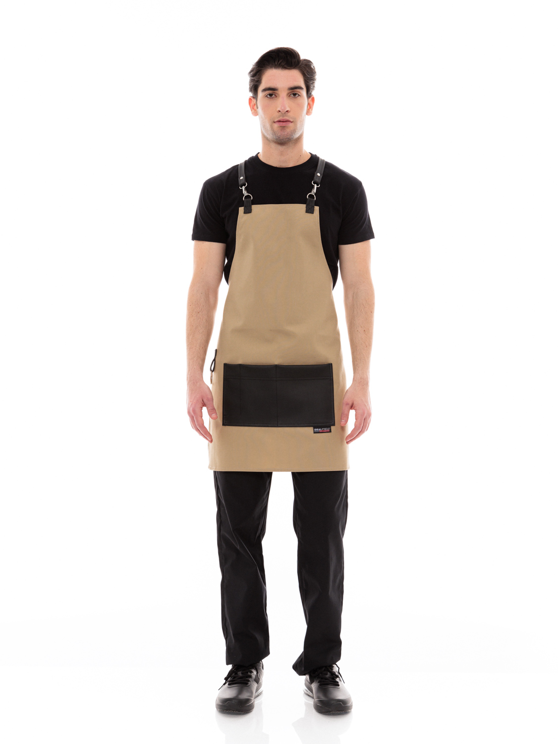 Μπεζ Ποδιά Unisex Barista Στηθούρι - Από Καμβά Ύφασμα & Μαύρη Τετράγωνη Vegan Leather Τσέπη