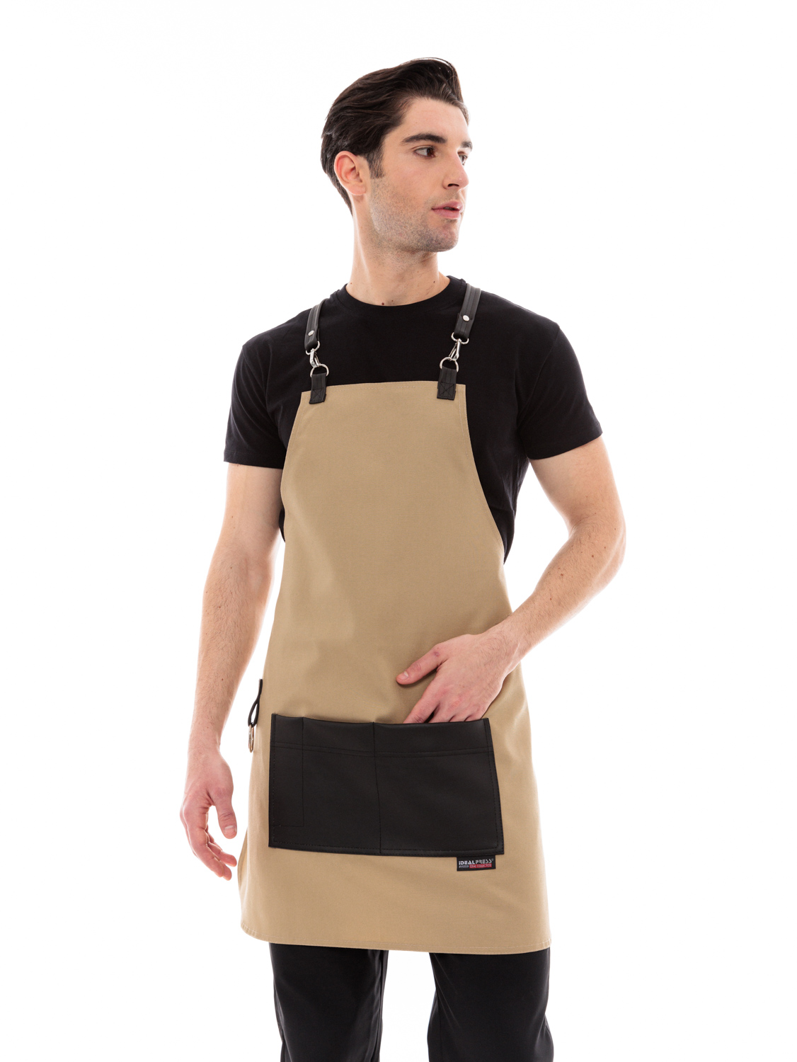 Μπεζ Ποδιά Unisex Barista Στηθούρι - Από Καμβά Ύφασμα & Μαύρη Τετράγωνη Vegan Leather Τσέπη