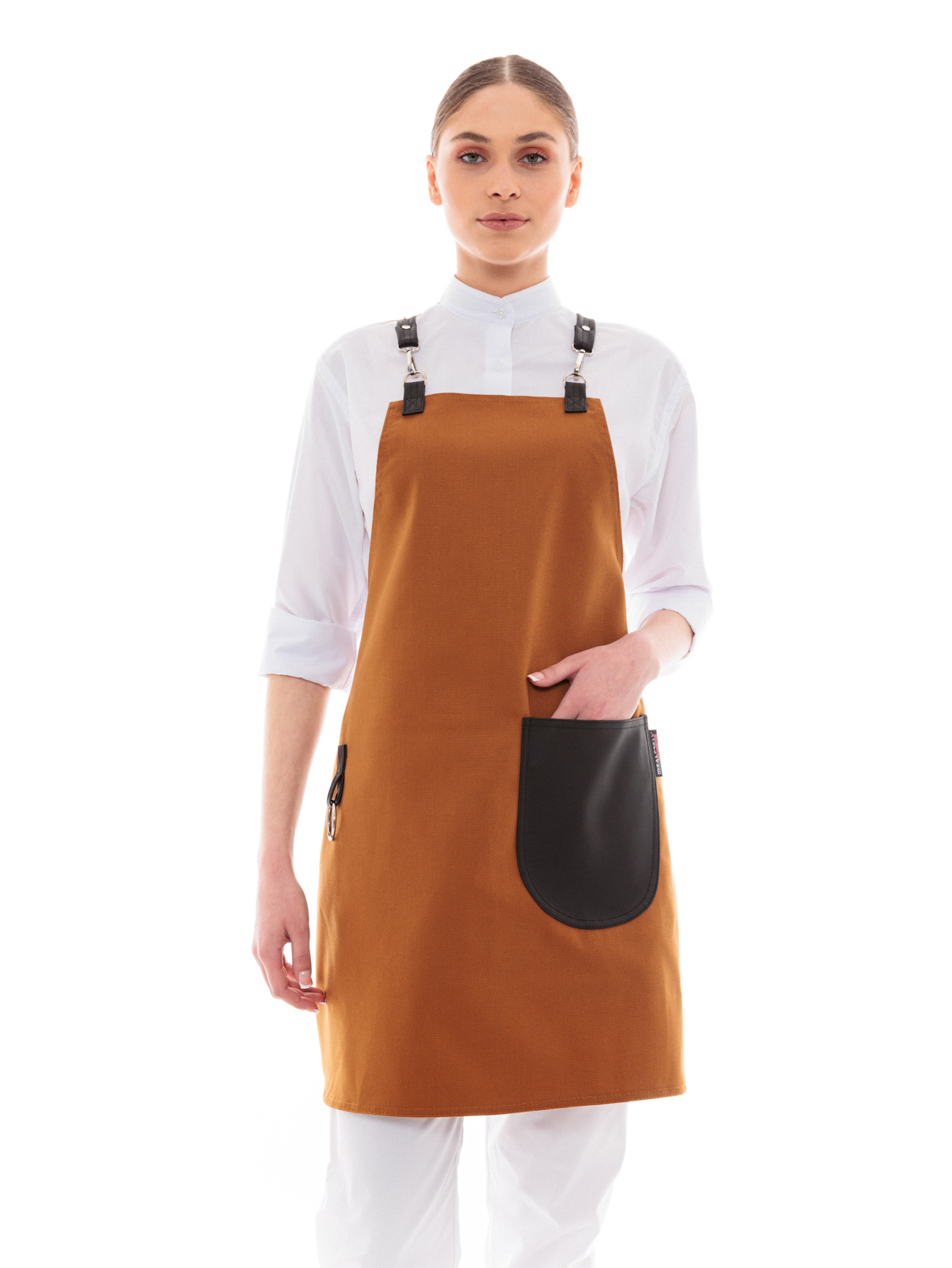 Κάμελ Ποδιά Unisex Barista Στηθούρι - Από Καμβά Ύφασμα & Μαύρη Στρογγυλή Vegan Leather Τσέπη