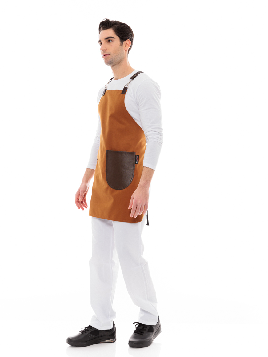 Κάμελ Ποδιά Unisex Barista Στηθούρι - Από Καμβά Ύφασμα & Καφέ Στρογγυλή Vegan Leather Τσέπη