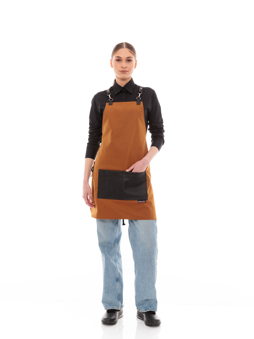 Κάμελ Ποδιά Unisex Barista Στηθούρι - Από Καμβά Ύφασμα & Μαύρη Τετράγωνη Vegan Leather Τσέπη