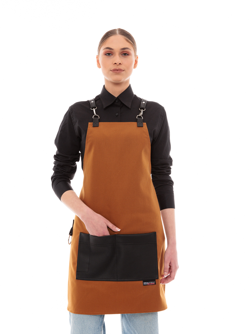 Κάμελ Ποδιά Unisex Barista Στηθούρι - Από Καμβά Ύφασμα & Μαύρη Τετράγωνη Vegan Leather Τσέπη