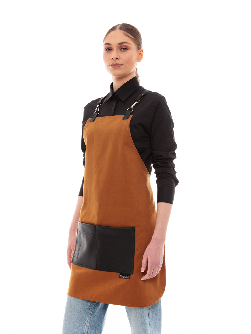 Κάμελ Ποδιά Unisex Barista Στηθούρι - Από Καμβά Ύφασμα & Μαύρη Τετράγωνη Vegan Leather Τσέπη
