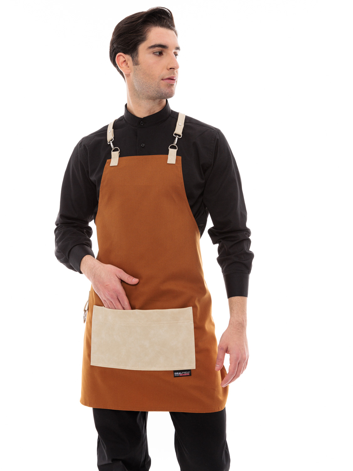 Κάμελ Ποδιά Unisex Barista Στηθούρι - Από Καμβά Ύφασμα & Μπεζ Τετράγωνη Vegan Leather Τσέπη