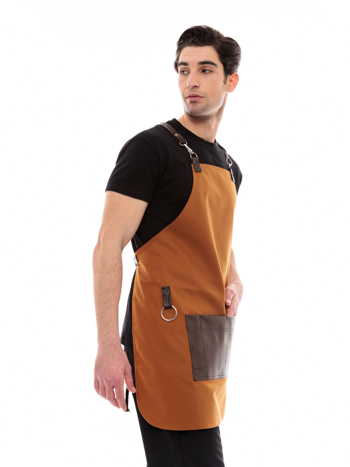 Κάμελ Ποδιά Unisex Barista Στηθούρι - Από Καμβά Ύφασμα & Καφέ Τετράγωνη Vegan Leather Τσέπη