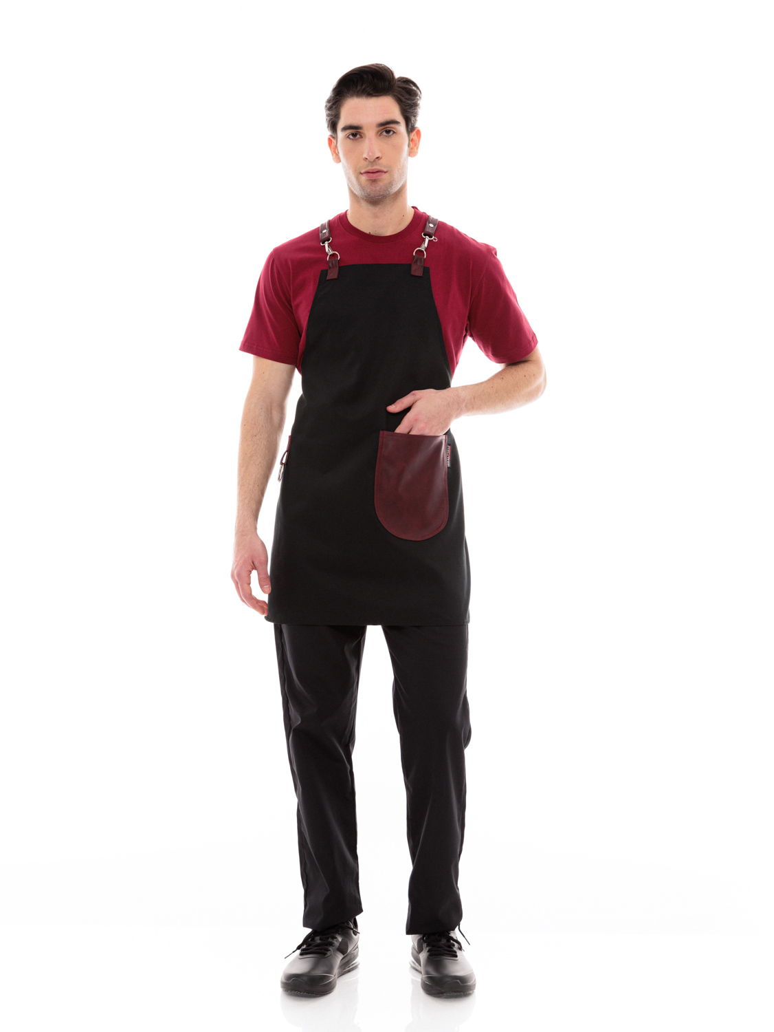 Μαύρη Ποδιά Unisex Barista Στηθούρι - Από Καμβά Ύφασμα & Μπορντό Στρογγυλή Vegan Leather Τσέπη Μαύρη Ποδιά Unisex Barista Στηθούρι - Από Καμβά Ύφασμα & Μπορντό Στρογγυλή Vegan Leather Τσέπη