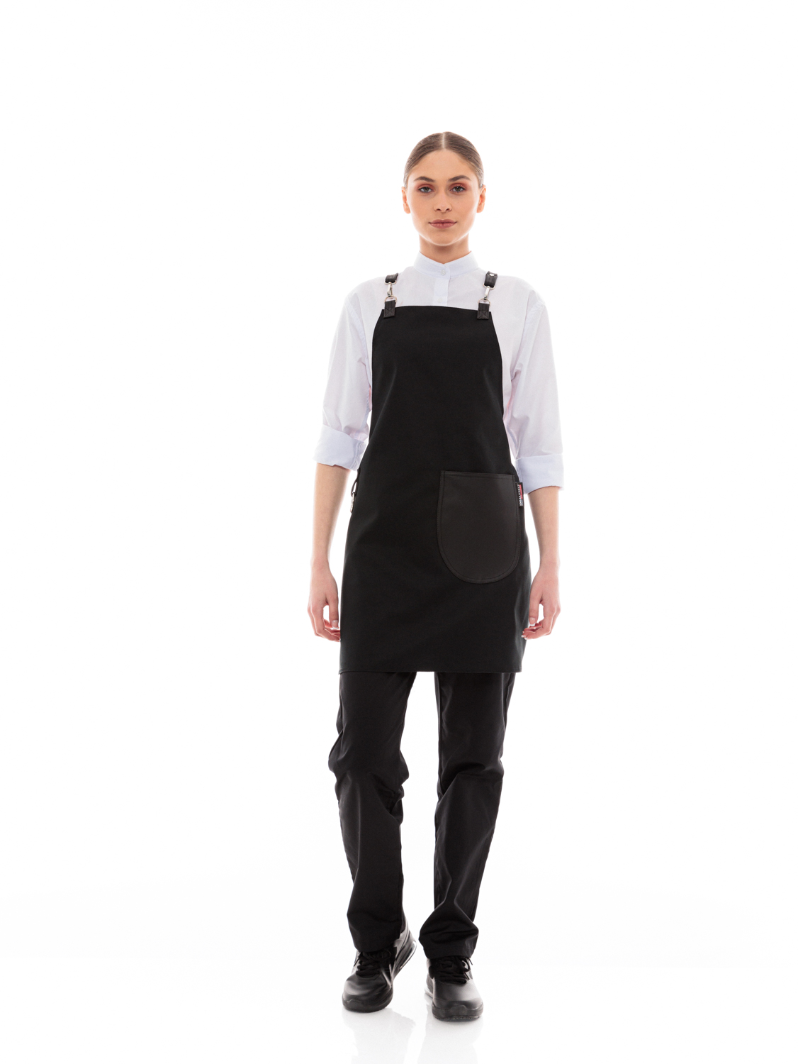 Μαύρη Ποδιά Unisex Barista Στηθούρι - Από Καμβά Ύφασμα & Μαύρη Στρογγυλή Vegan Leather Τσέπη