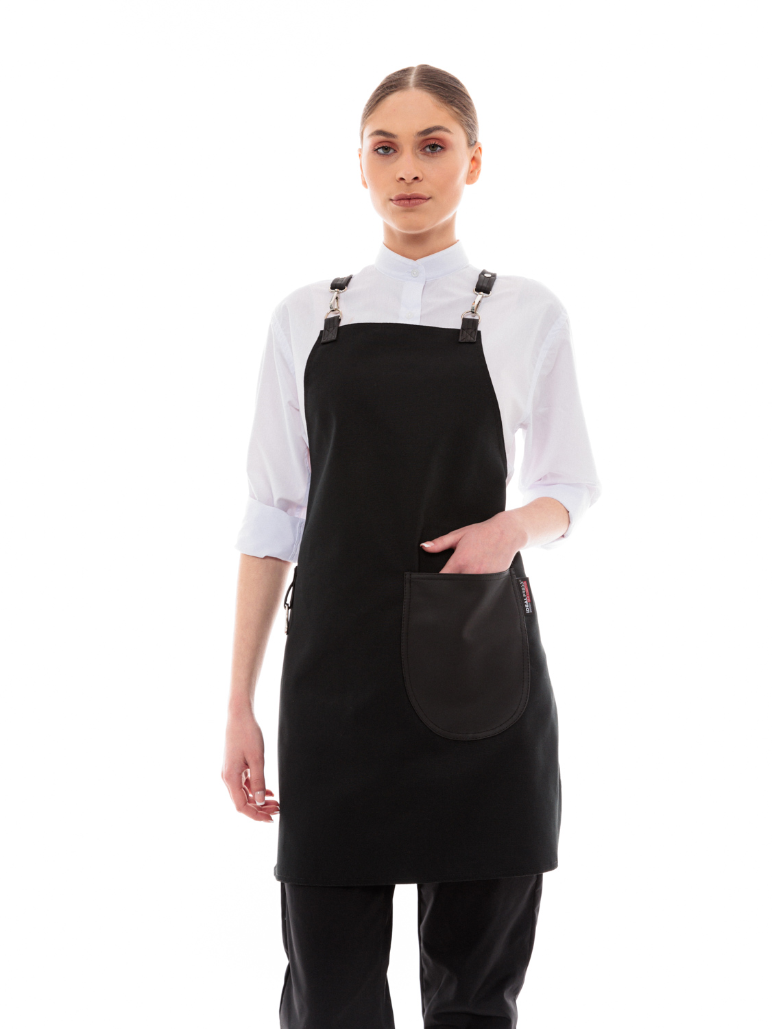 Μαύρη Ποδιά Unisex Barista Στηθούρι - Από Καμβά Ύφασμα & Μαύρη Στρογγυλή Vegan Leather Τσέπη