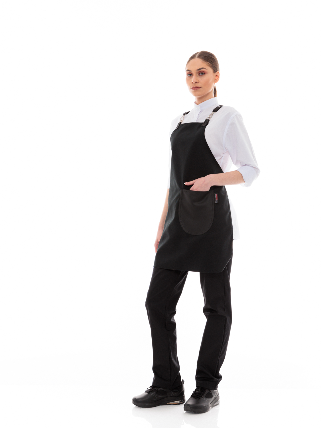 Μαύρη Ποδιά Unisex Barista Στηθούρι - Από Καμβά Ύφασμα & Μαύρη Στρογγυλή Vegan Leather Τσέπη