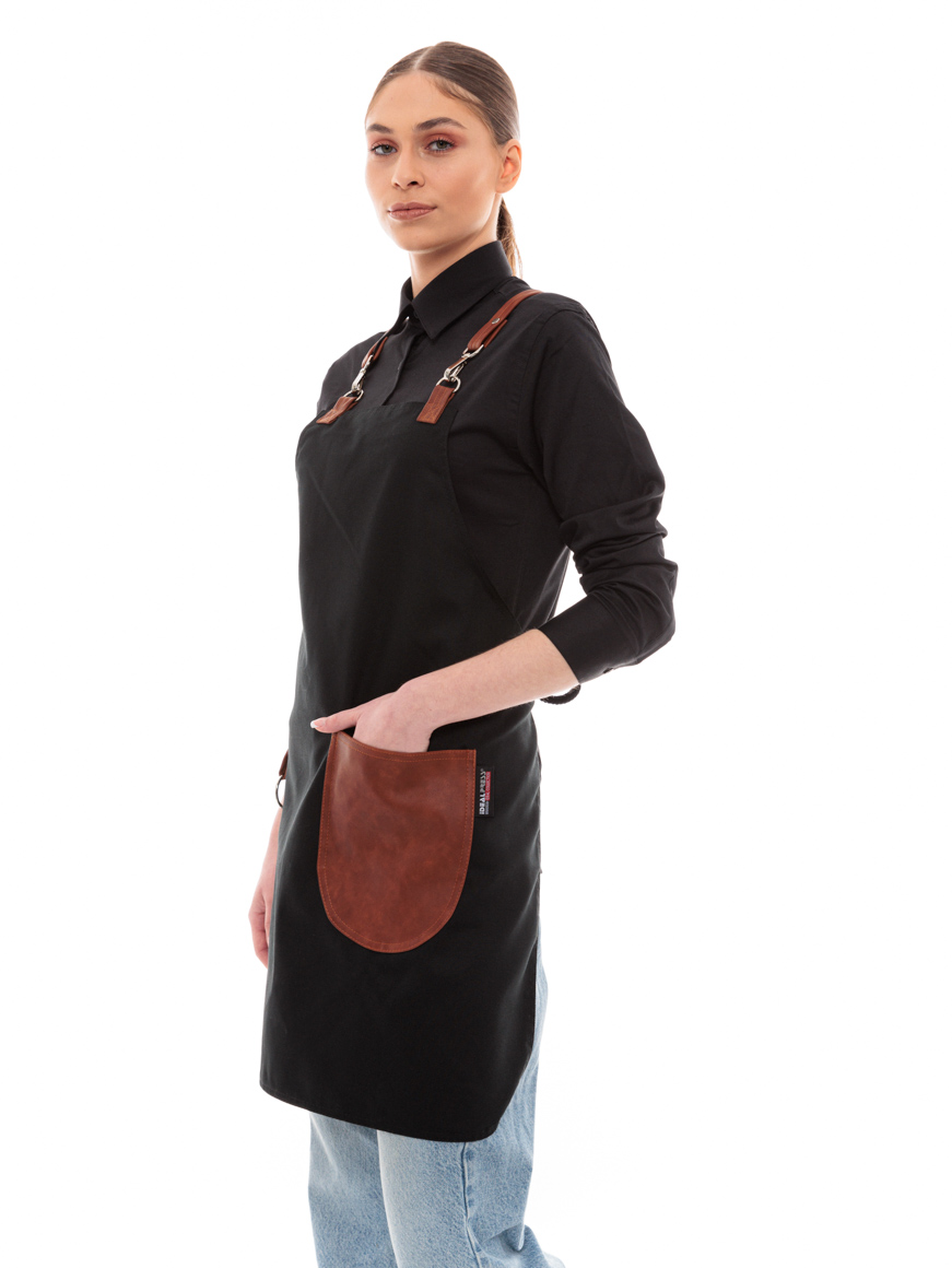Μαύρη Ποδιά Unisex Barista Στηθούρι - Από Καμβά Ύφασμα & Ταμπά Στρογγυλή Vegan Leather Τσέπη