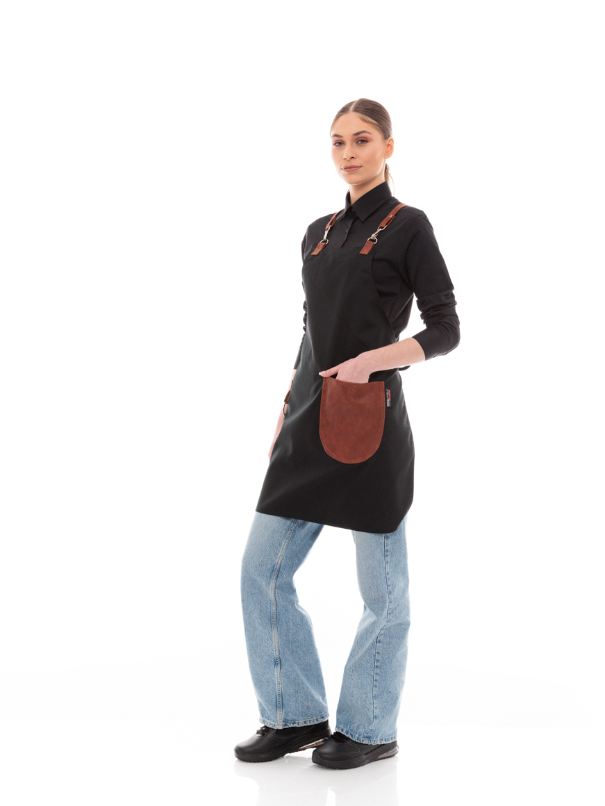 Μαύρη Ποδιά Unisex Barista Στηθούρι - Από Καμβά Ύφασμα & Ταμπά Στρογγυλή Vegan Leather Τσέπη