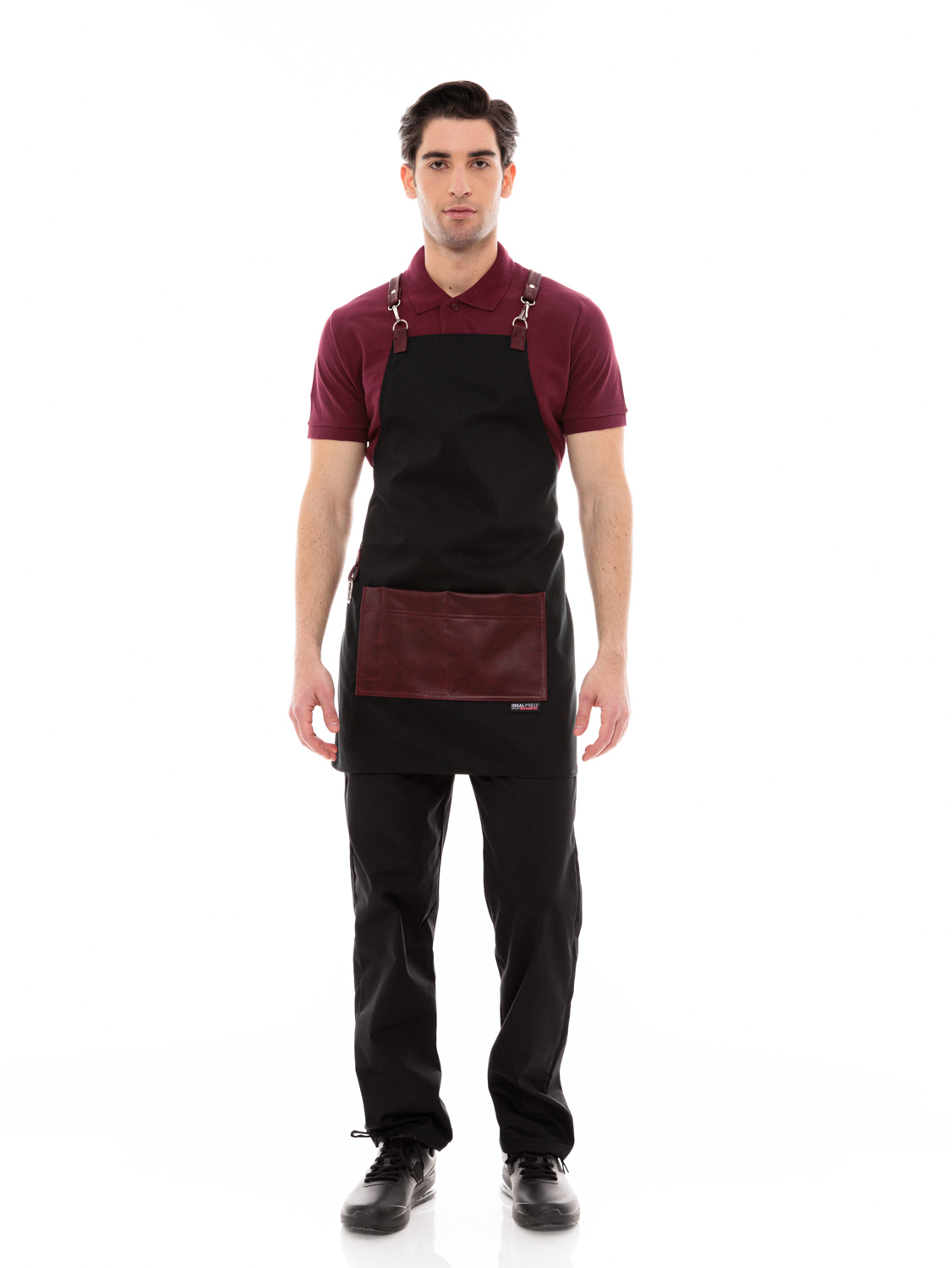 Μαύρη Ποδιά Unisex Barista Στηθούρι - Από Καμβά Ύφασμα & Μπορντό Τετράγωνη Vegan Leather Τσέπη
