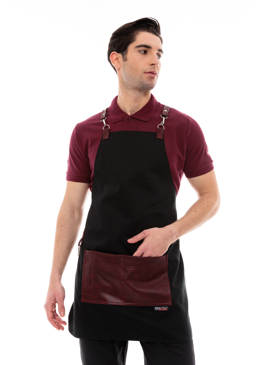 Μαύρη Ποδιά Unisex Barista Στηθούρι - Από Καμβά Ύφασμα & Μπορντό Τετράγωνη Vegan Leather Τσέπη