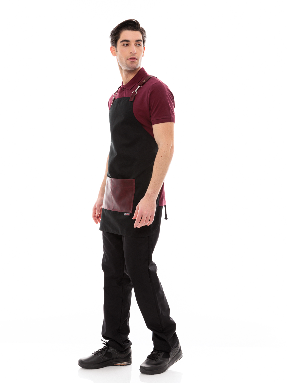 Μαύρη Ποδιά Unisex Barista Στηθούρι - Από Καμβά Ύφασμα & Μπορντό Τετράγωνη Vegan Leather Τσέπη
