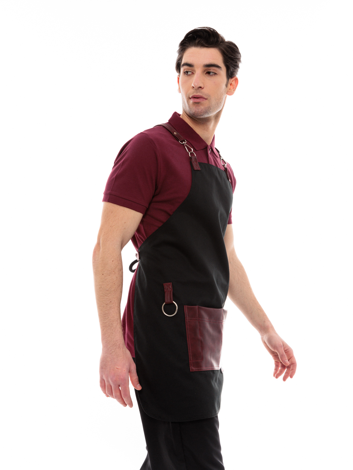 Μαύρη Ποδιά Unisex Barista Στηθούρι - Από Καμβά Ύφασμα & Μπορντό Τετράγωνη Vegan Leather Τσέπη
