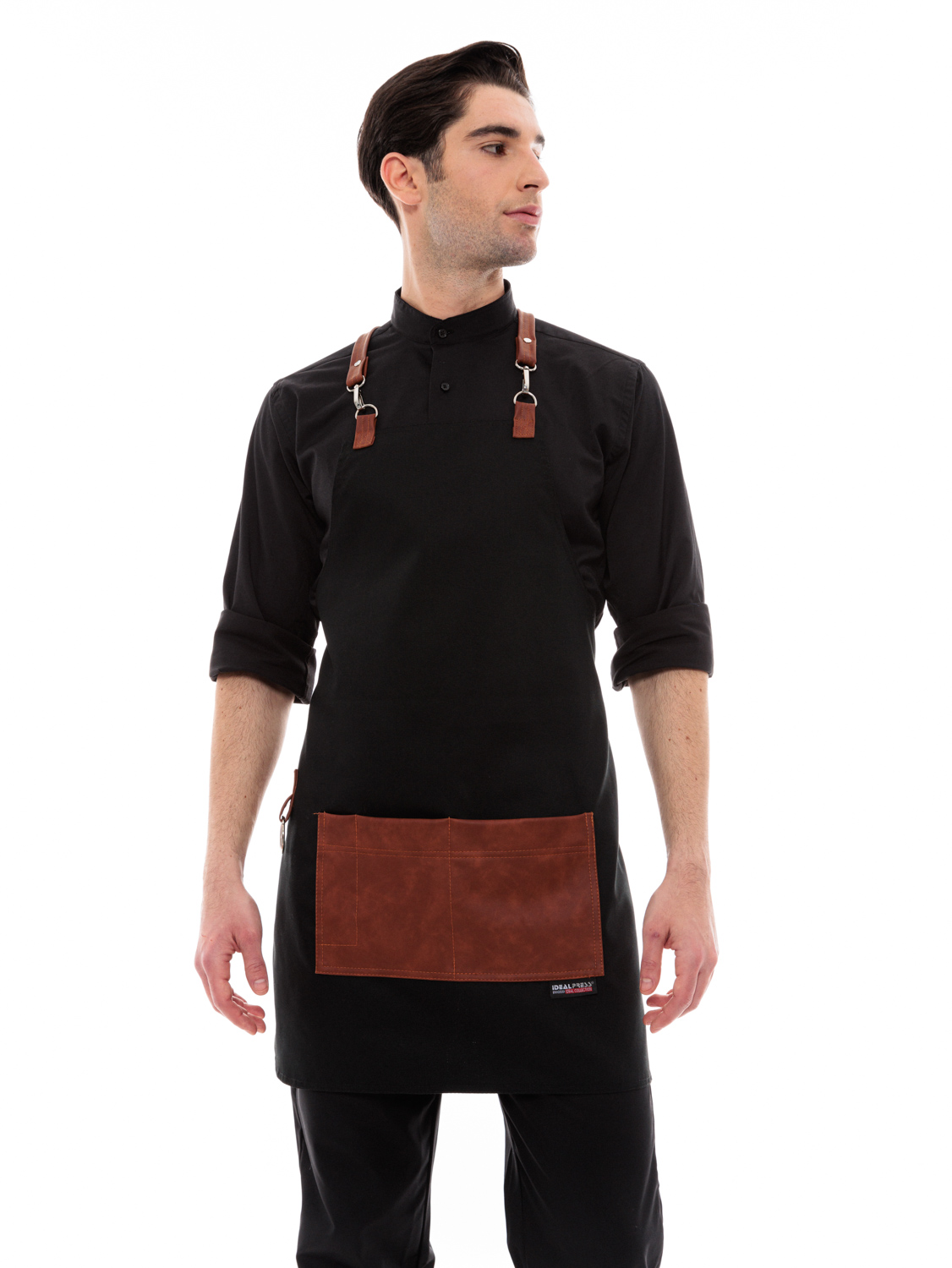 Μαύρη Ποδιά Unisex Barista Στηθούρι - Από Καμβά Ύφασμα & Ταμπά Τετράγωνη Vegan Leather Τσέπη